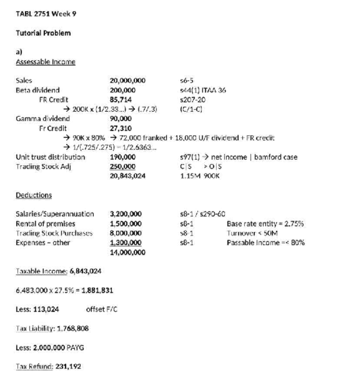 TABL 2751 Week 9 Tutorial Questions on Assessable Income and Tax ...