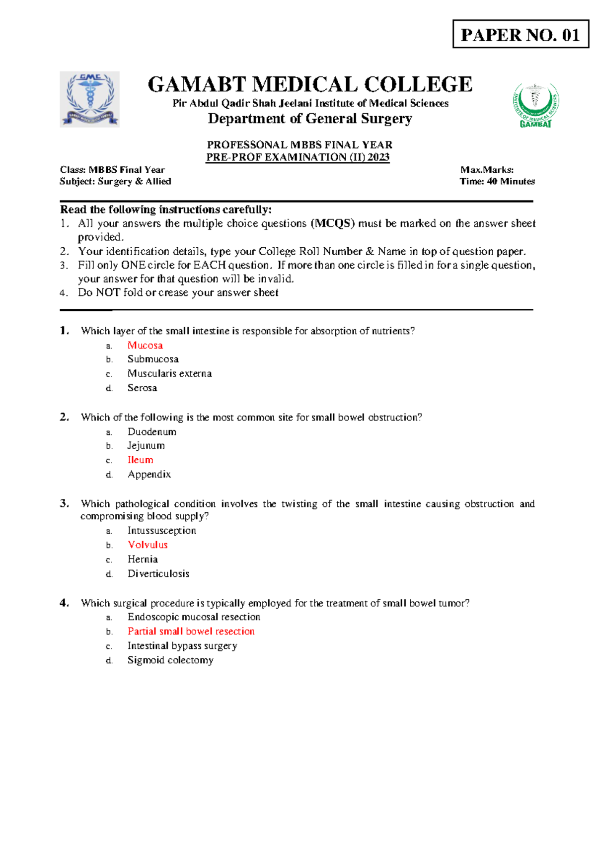 MBBS Final Year Surgery 2nd Preprof Test Paper No. 01 - Studocu