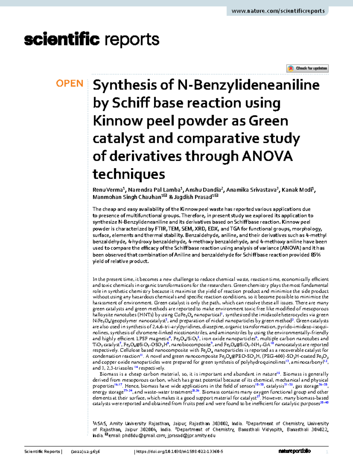 OPEN Synthesis of Schiff Base Reaction Using Kinnow Peel Powder as ...