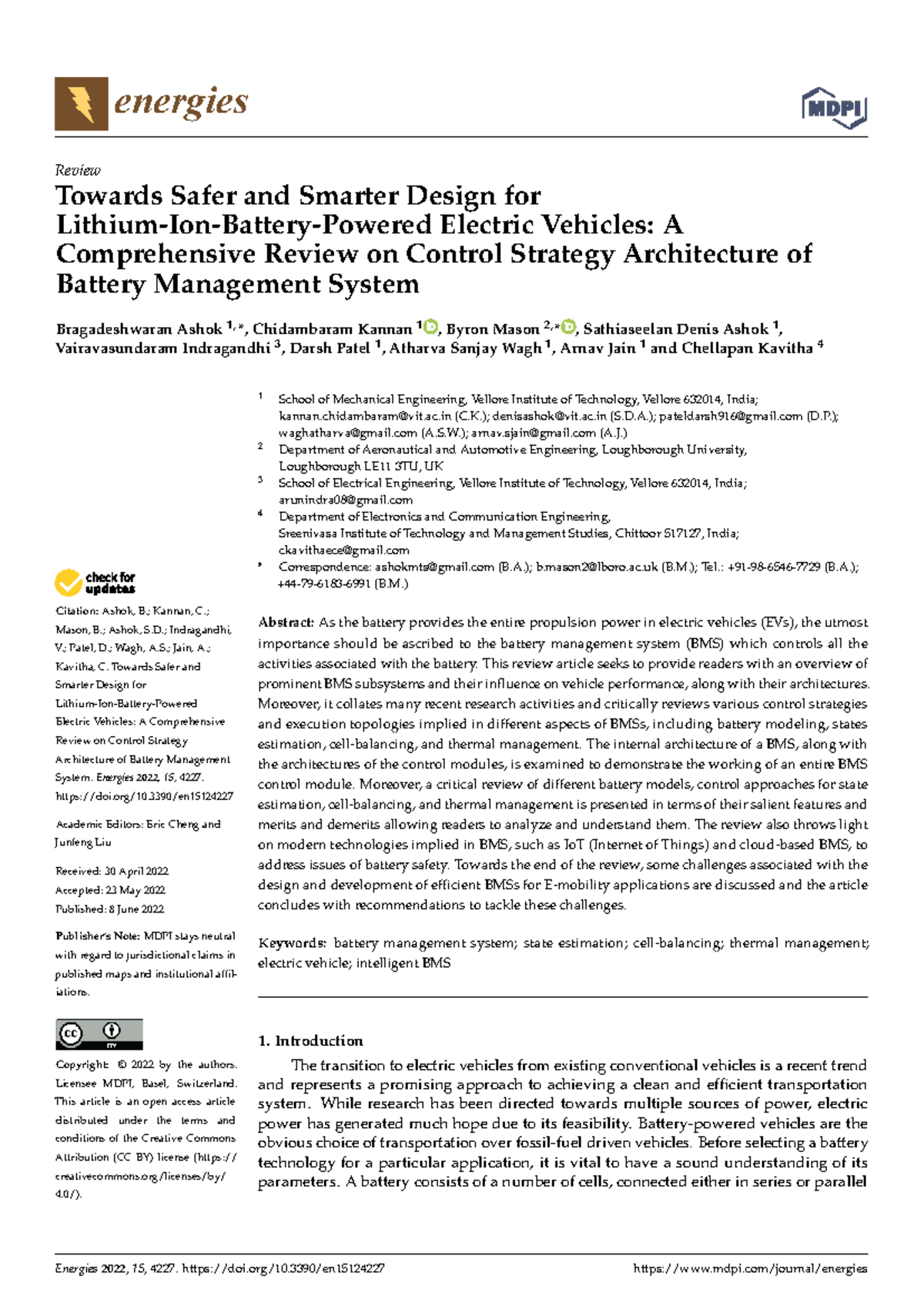 Energies 15: Comprehensive Review on Battery Management Systems for EVs ...