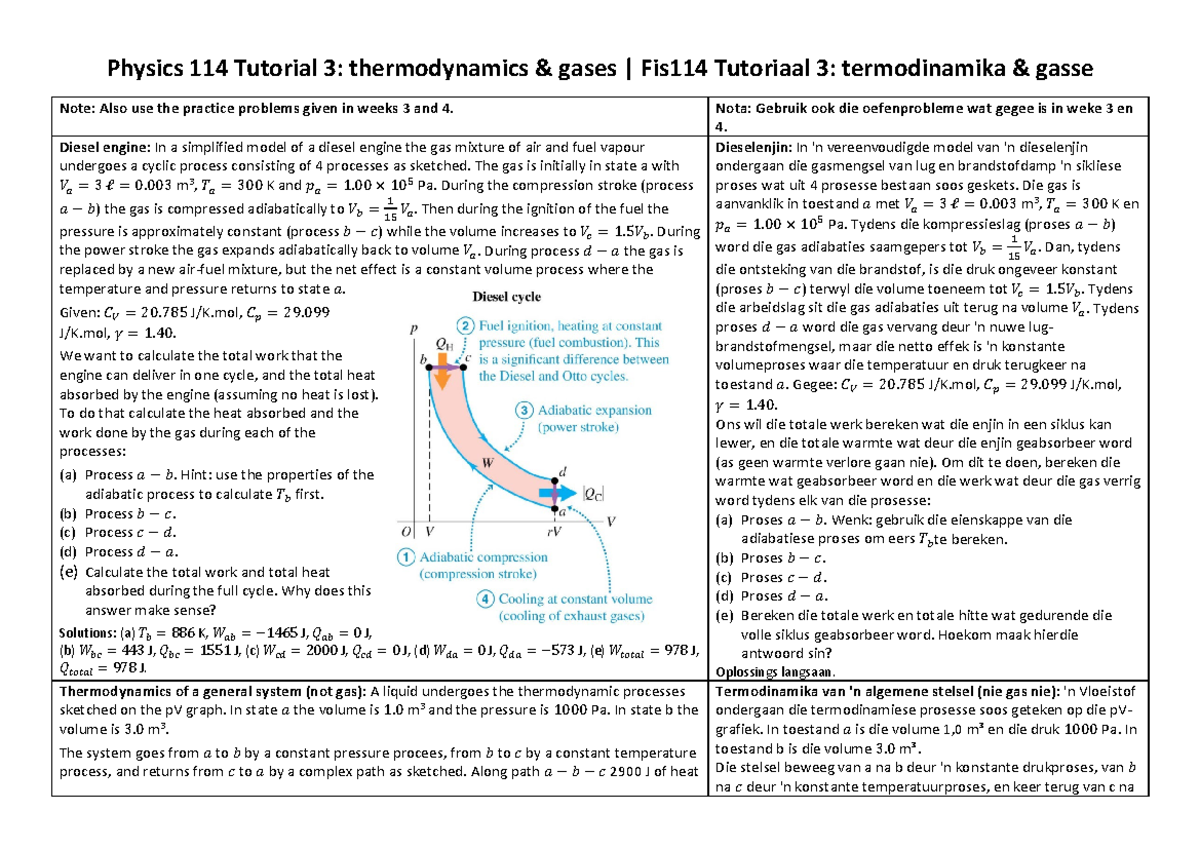 Ph114 2026 Tutorial 3: Thermodynamics & Diesel Engine Analysis - Studocu