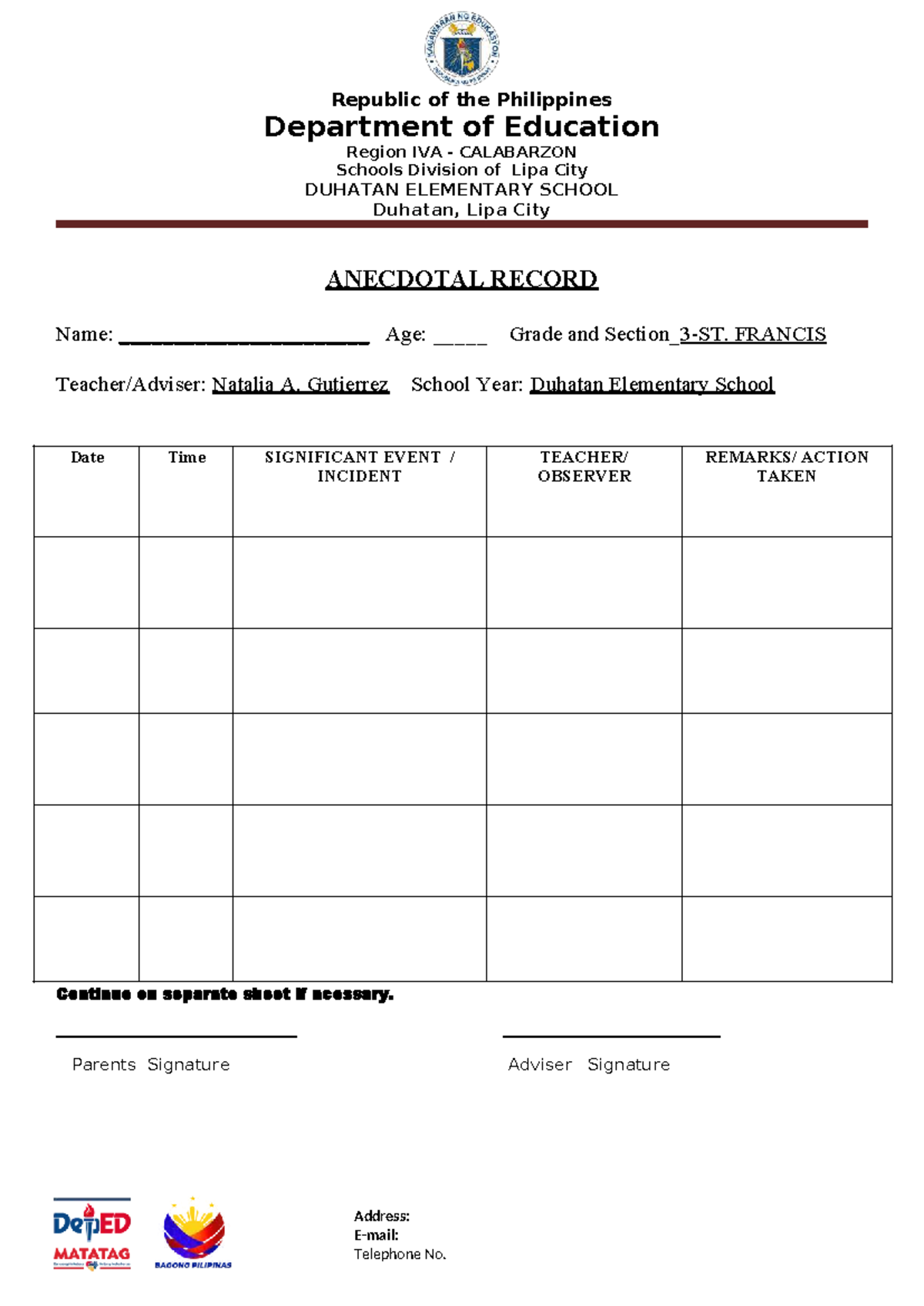 Anecdotal-Record - NOTES - Address: E-mail: Telephone No. Republic of ...