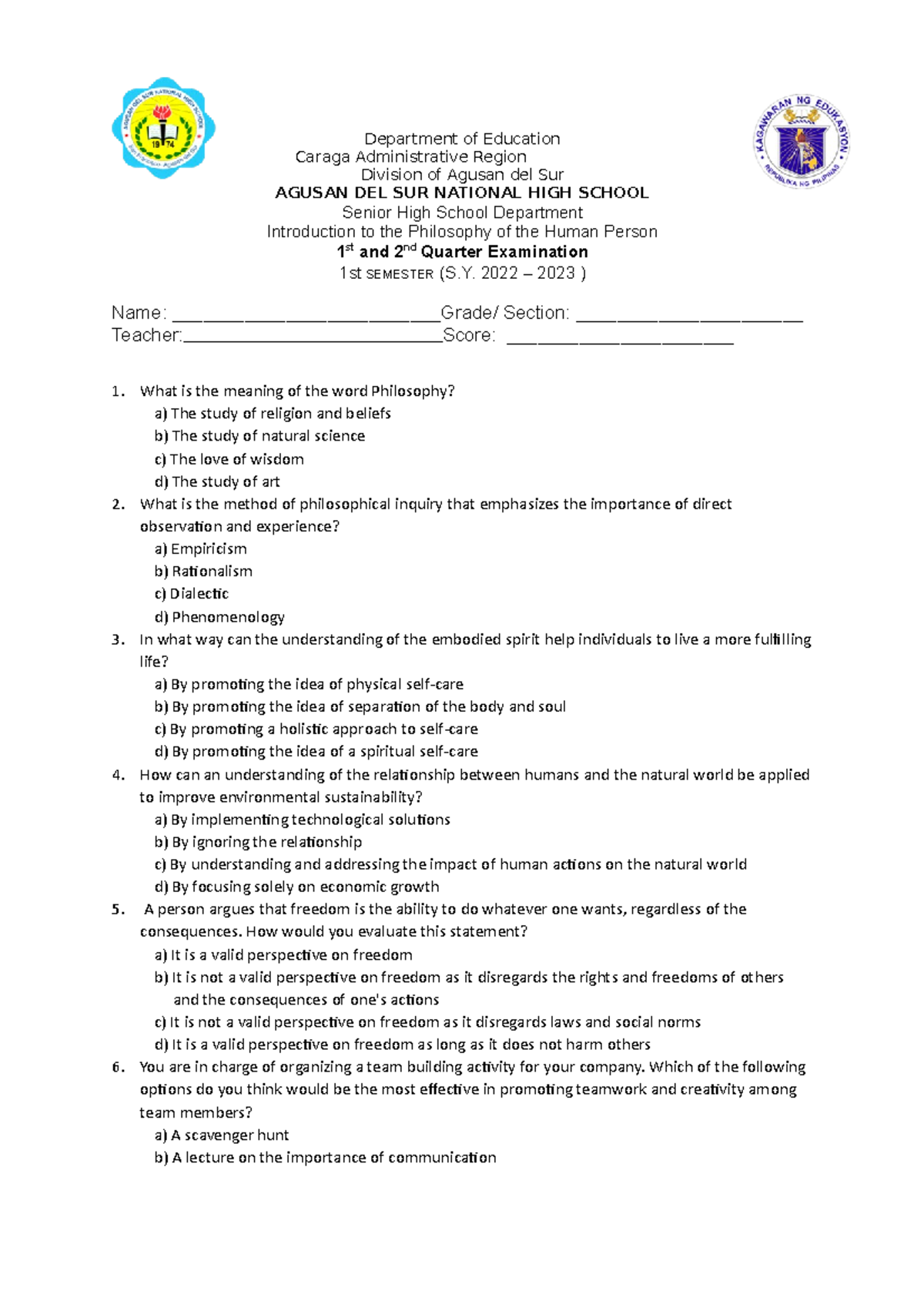 Philosophy (PHILO101) - 1st & 2nd Quarter Exam Reviewer - Studocu