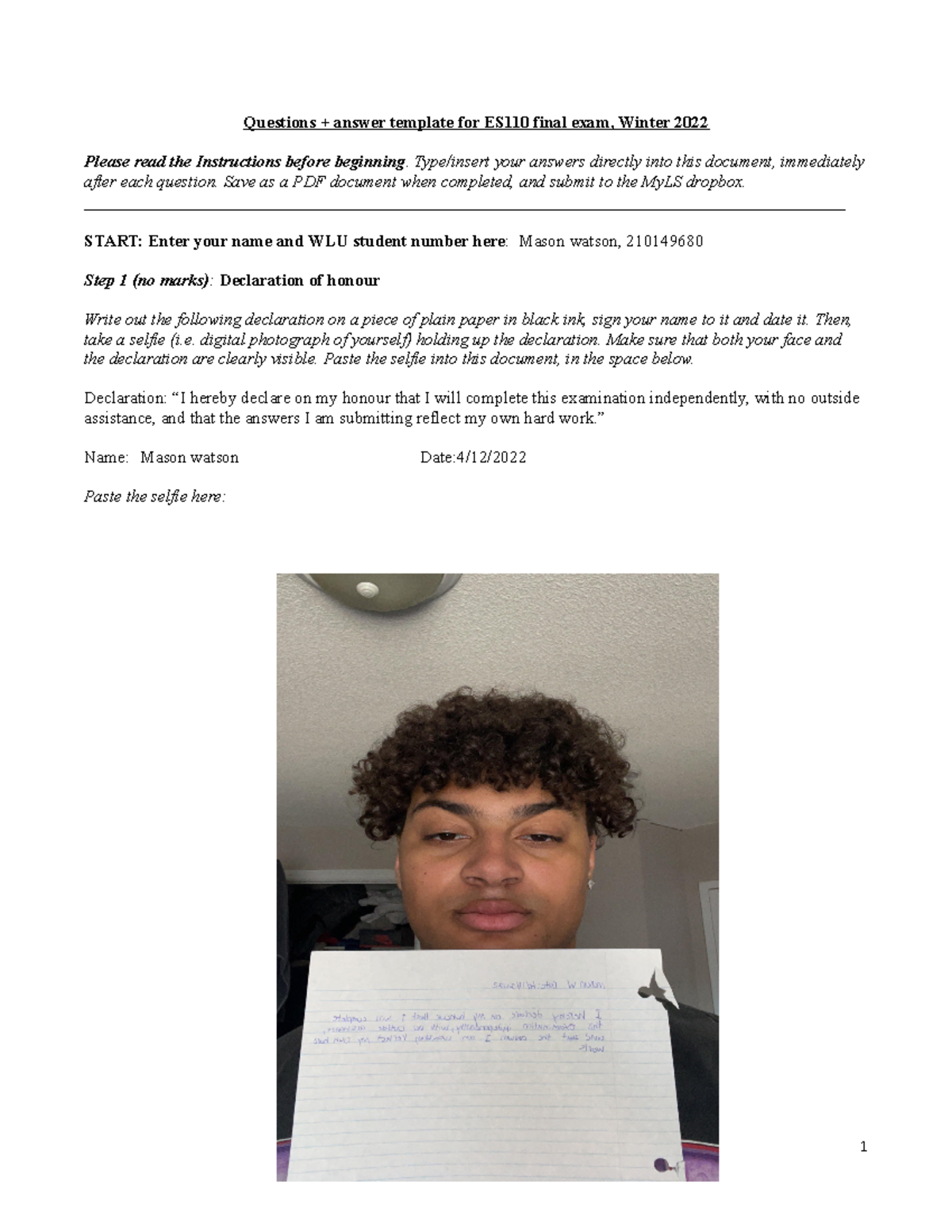 Final exam question and answer template - Questions + answer template ...