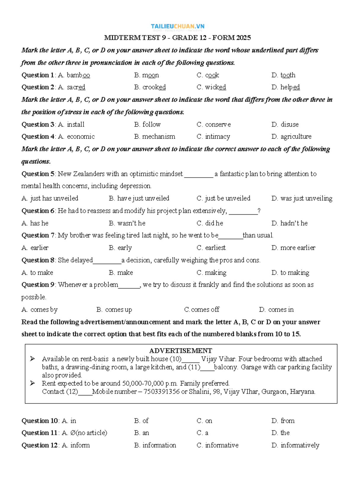 Midterm TEST 9 - Grade 12 - English Language Assessment 2025 - Studocu