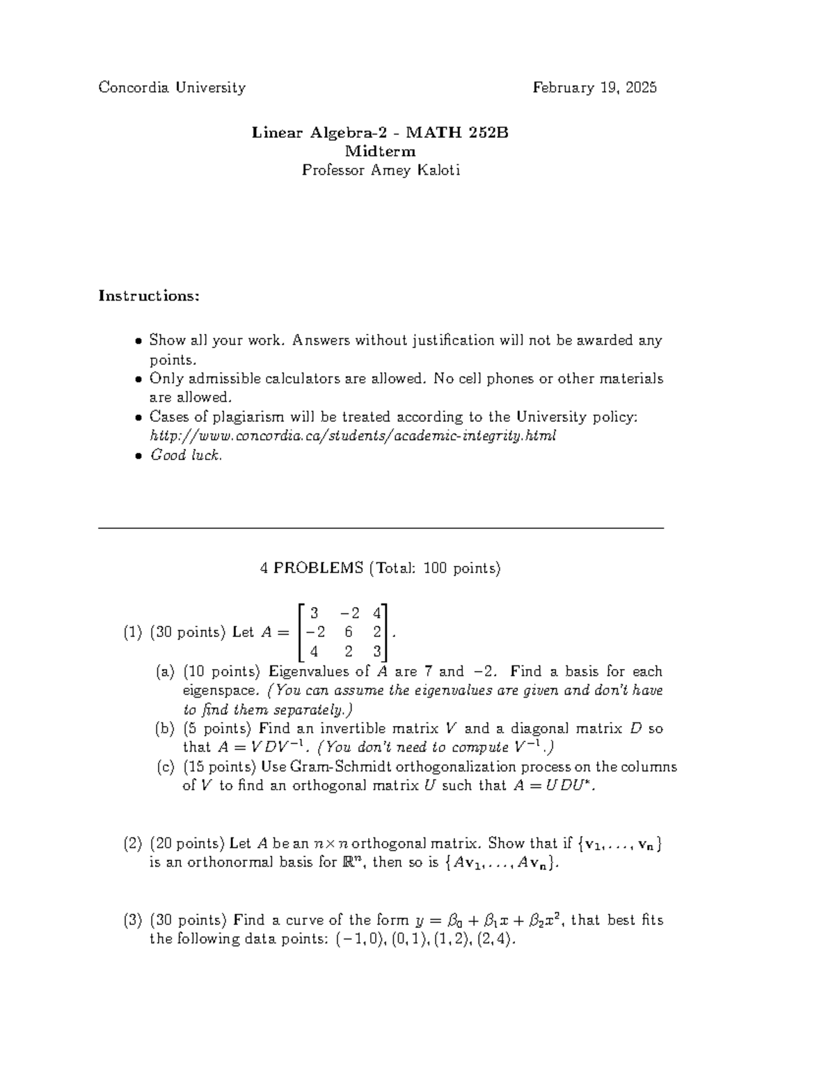 Midterm Exam MATH 252B - Linear Algebra February 2025 - Studocu