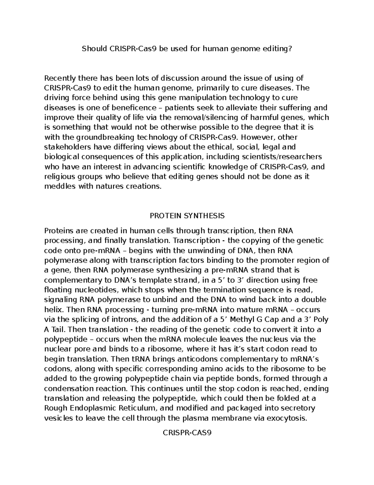 Bioethics Essay Draft Outline: The Use of CRISPR in Human Genome ...