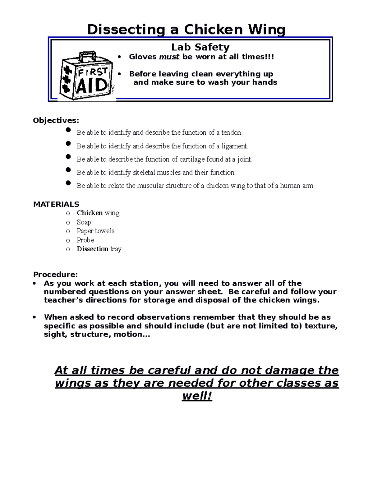 Chicken Wing Dissection Lab Report 2013: Objectives and Procedures ...