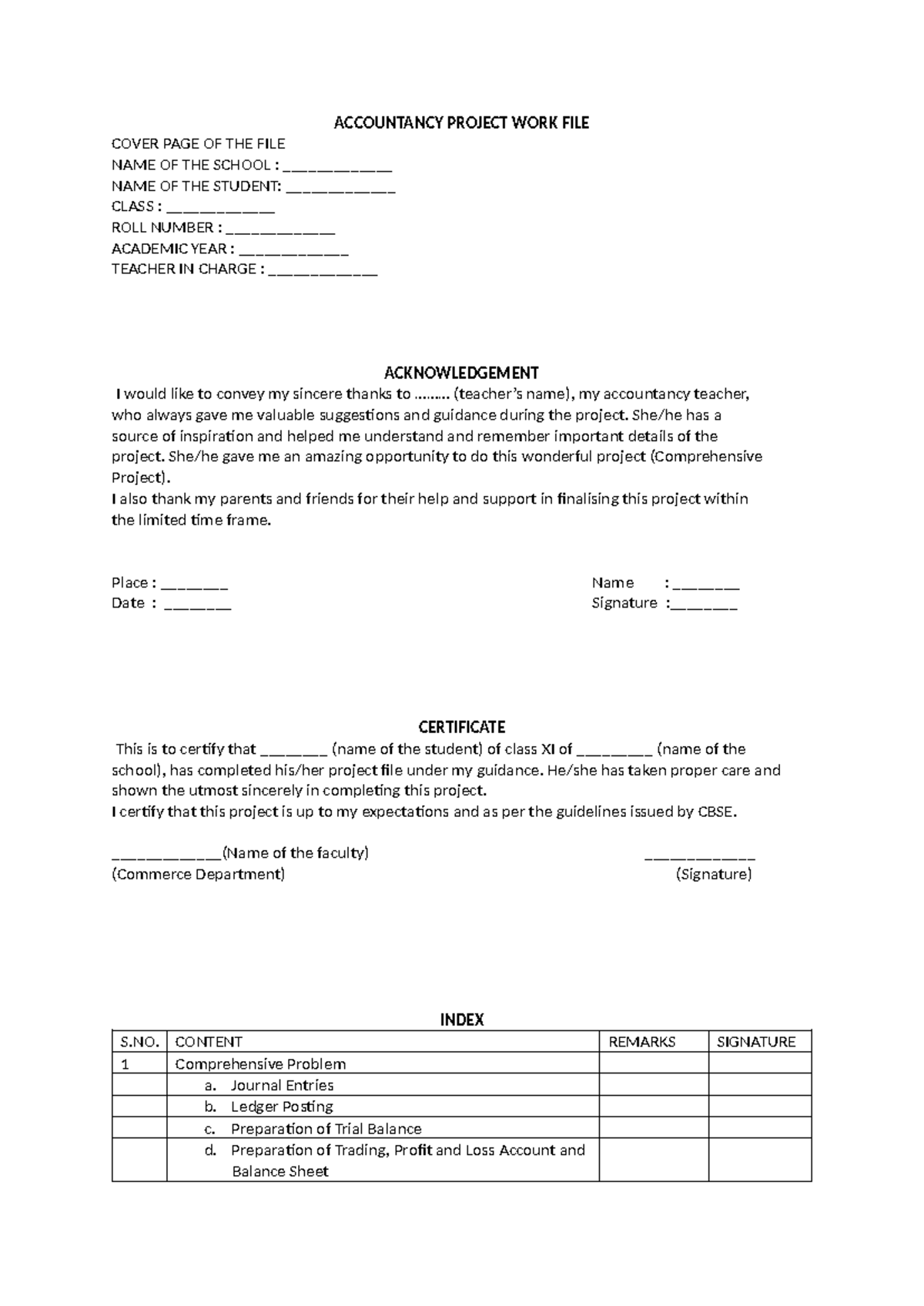 Accountancy Project Work File - Class XI Comprehensive Project - Studocu