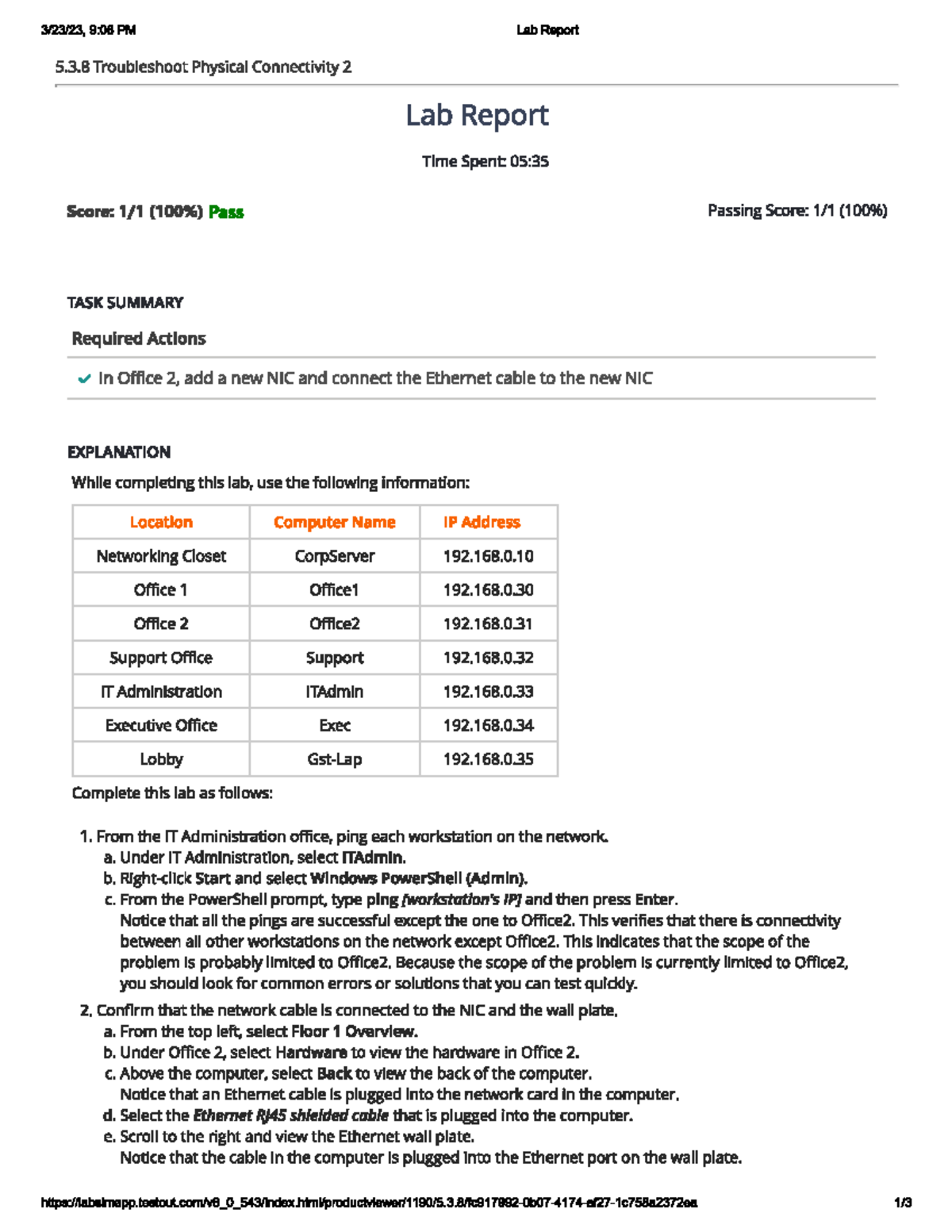 Lab Report 5.3.8: Troubleshooting Physical Connectivity Issues in ...