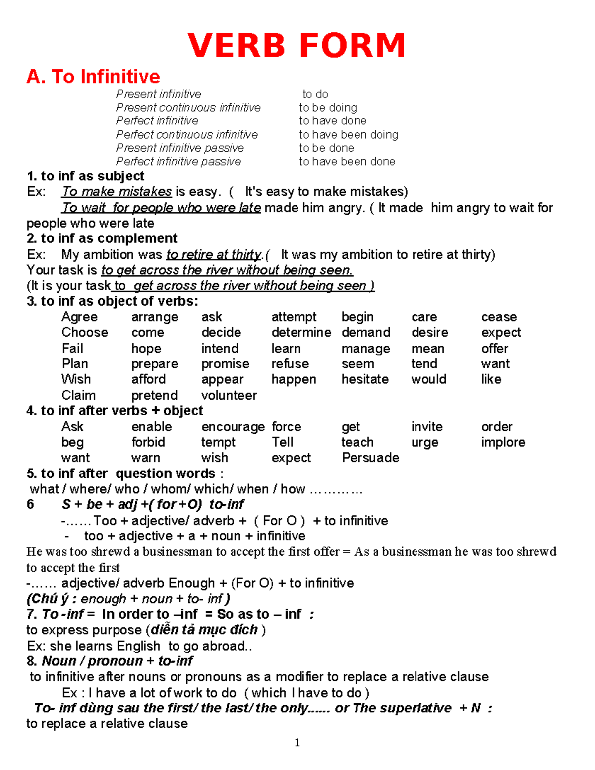 VERB FORM Advanced - Infinitives and Participles Guide - Studocu