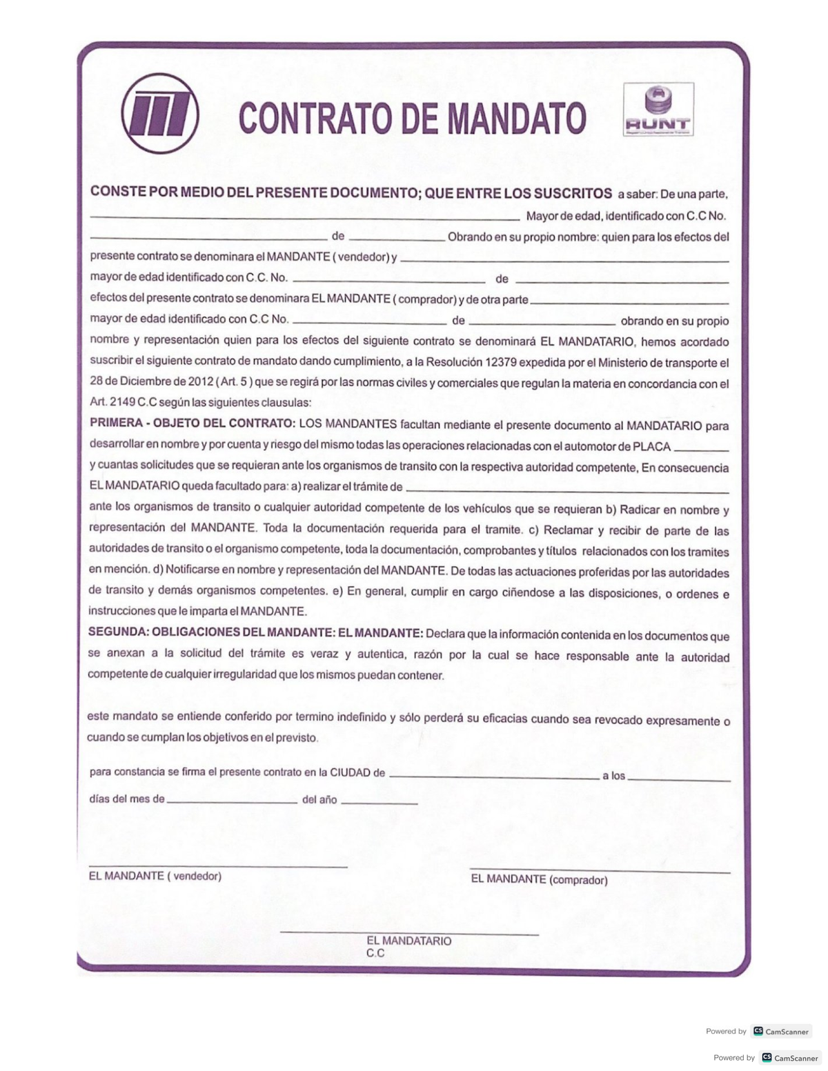 Contrato de Mandato y Compraventa de Vehículo Automotor RUNT - Document Preview