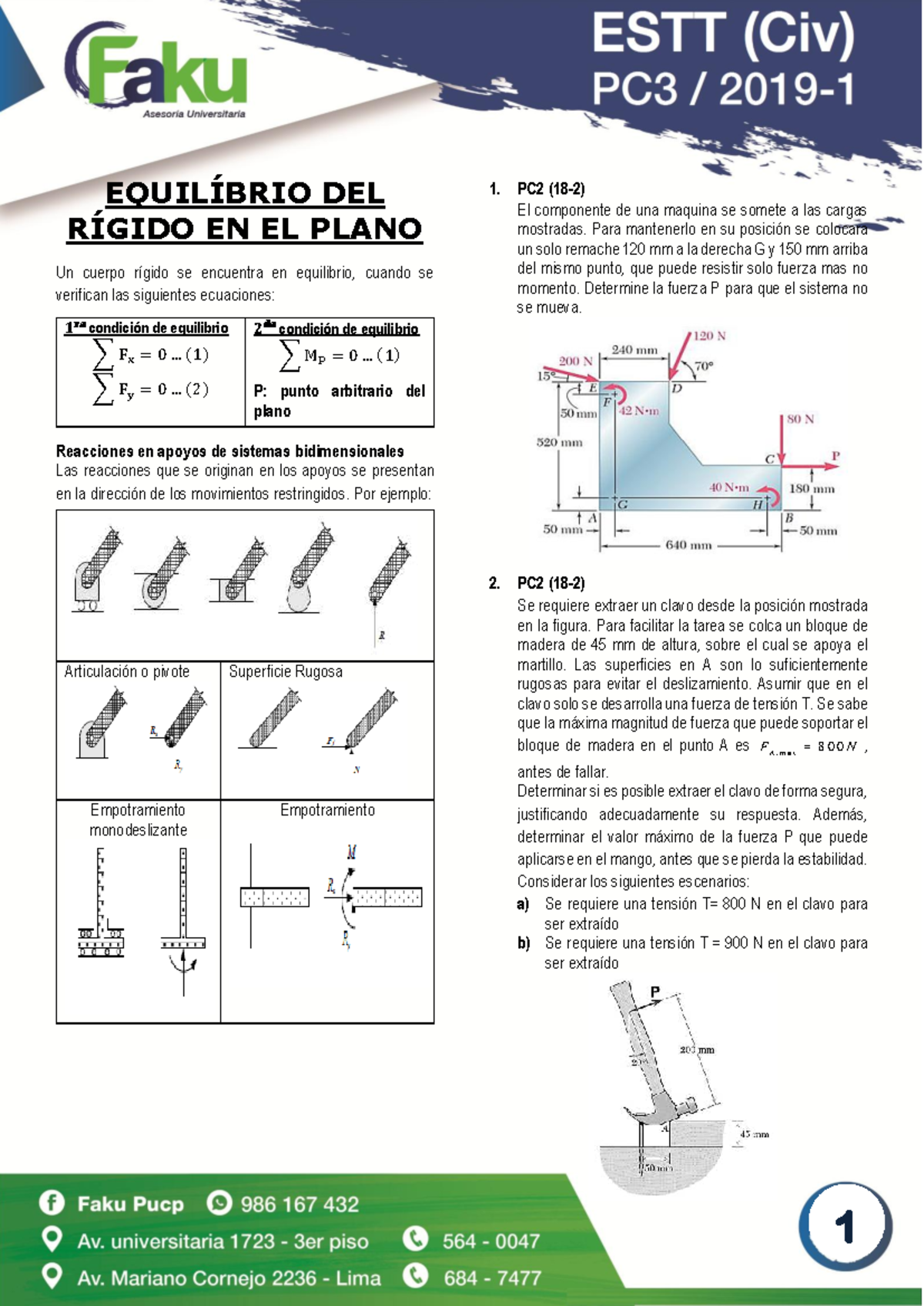 EQUILIBRIO DEL RÍGIDO EN EL PLANO - PC2 Estática Civil - Studocu