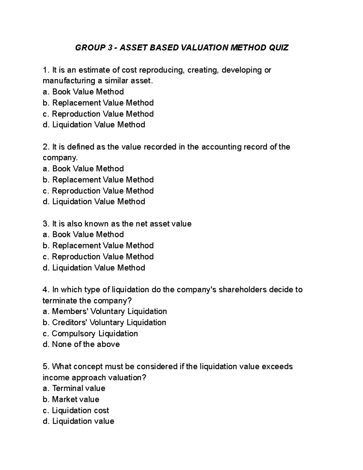 GROUP 3 ASSET BASED VALUATION METHOD QUIZ 1 - Studocu