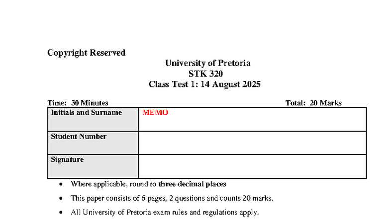 STK 320 Class Test 1 Memo: Shear Strength & Yield Analysis 2025 - Studocu