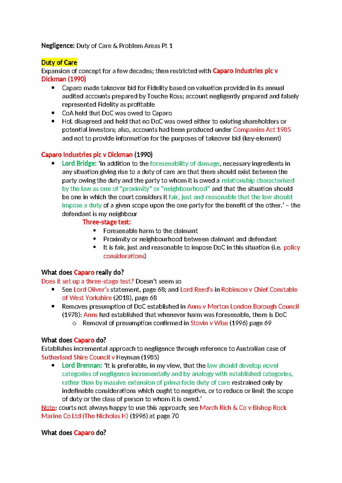2 TL Negligence: Duty of Care & Problem Areas Analysis - Studocu