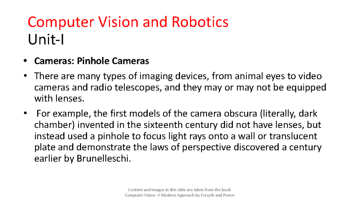 Computer Vision & Robotics (CVR) Unit I: Pinhole Cameras Explained ...