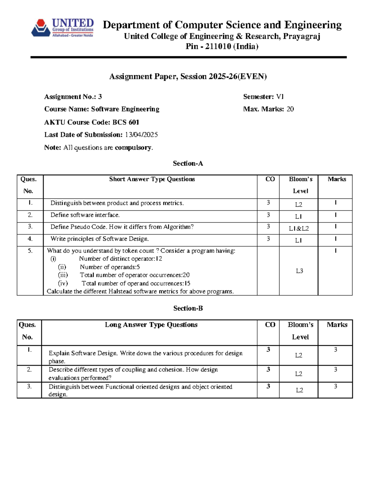 SE Assignment 3 - BCS 601: Software Engineering Short & Long Answer ...