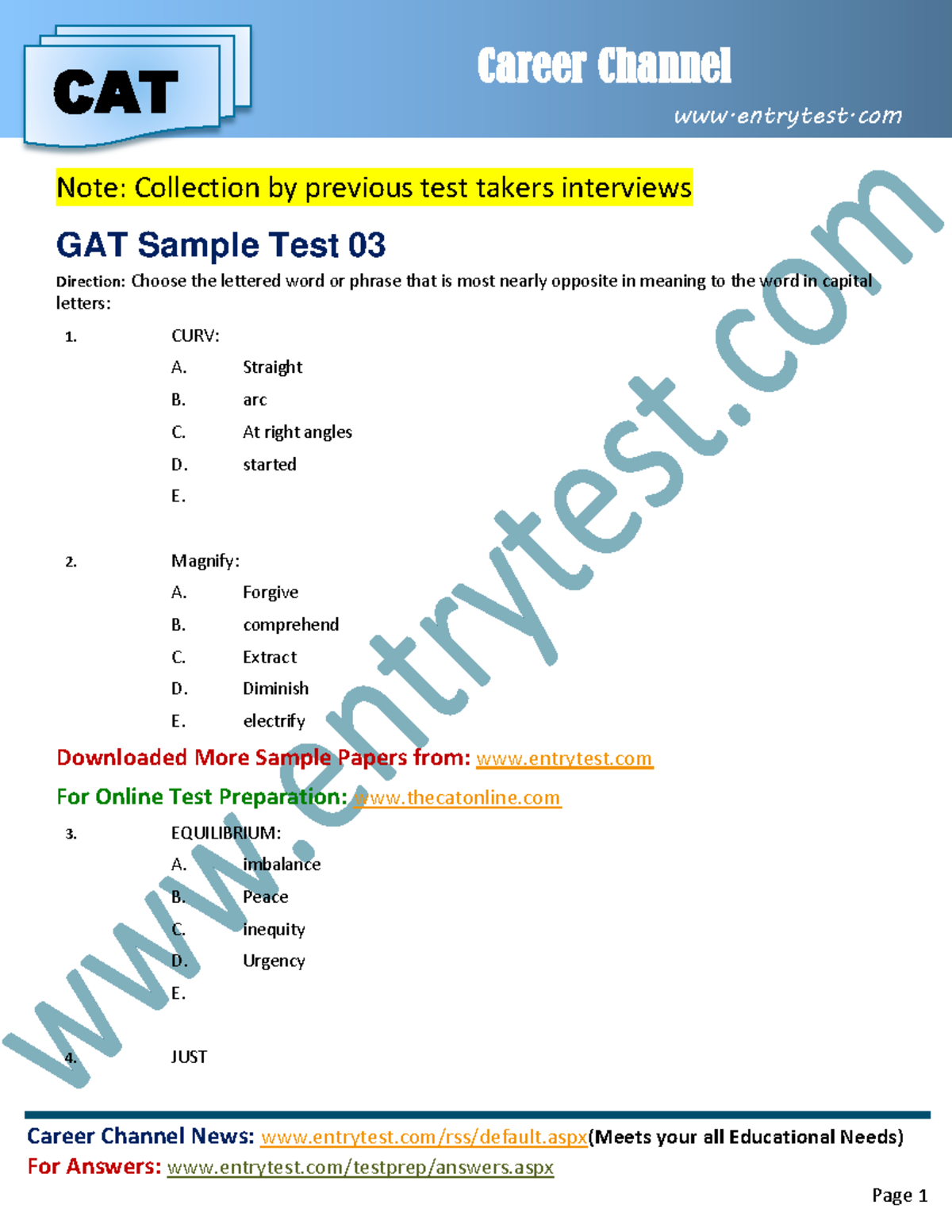 GAT General Sample Test 03 - Practice Questions and Answers - Studocu