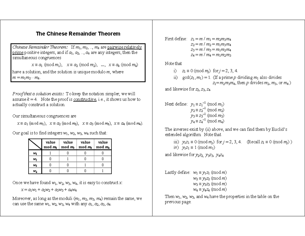 Chinese Remainder Theorem - Lecture Notes and Examples - Studocu