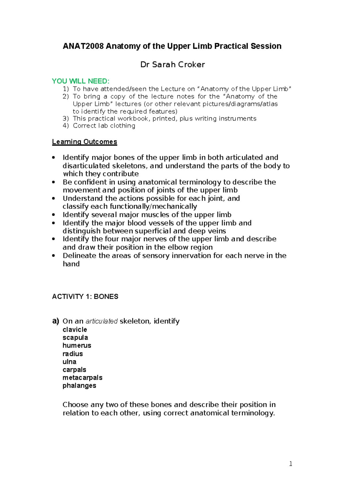 ANAT2008 Upper Limb Practical Session Workbook 2025 - Studocu