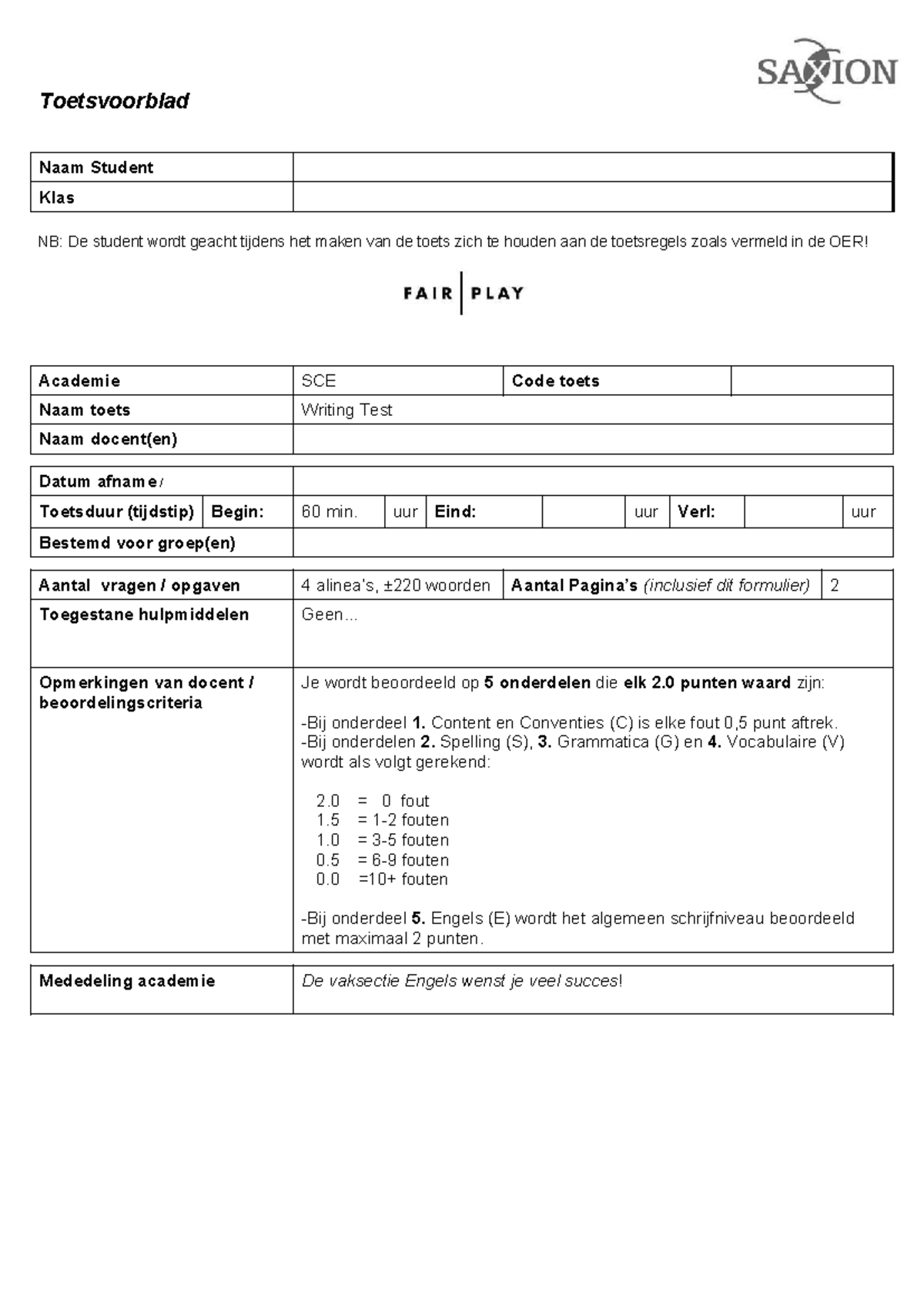 Writing Test 3 - Oefenexamen SCE Code Toets - Studeersnel