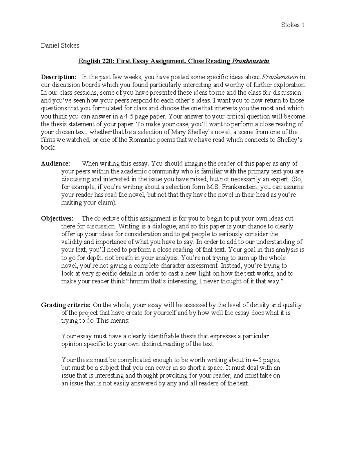 English 220: Close Reading Assignment on Frankenstein - Spring 2025 ...