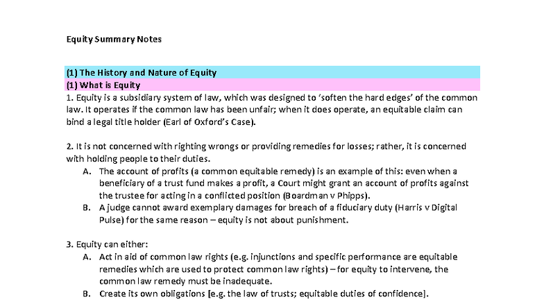LAWS2015 Equity Summary Notes: Key Concepts and Case Law - Studocu