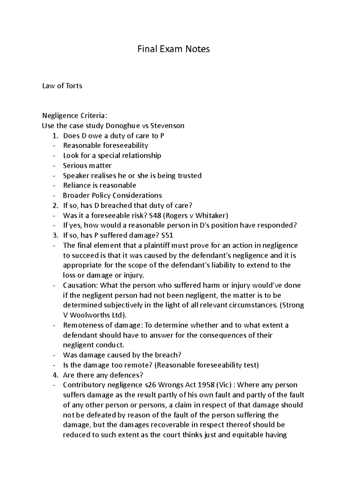 Law of Torts Final Exam Study Notes: Key Concepts & Cases - Studocu