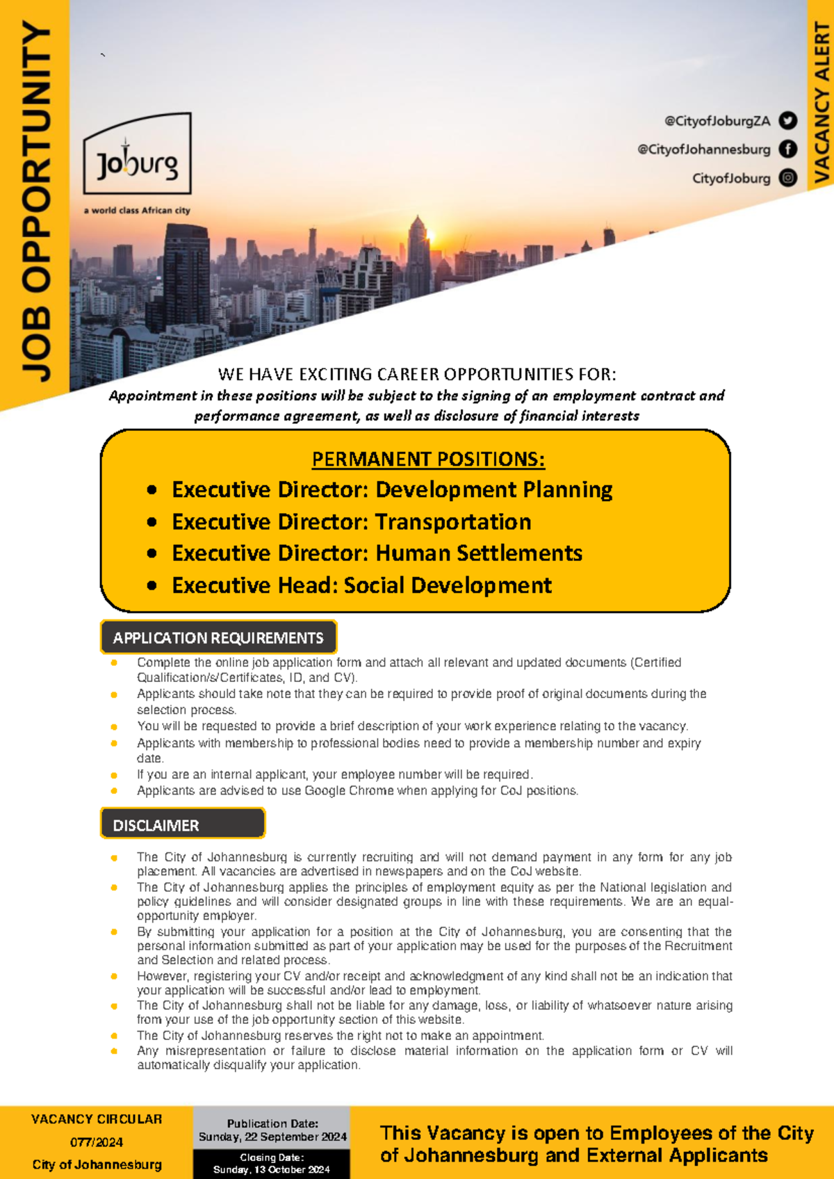 City of Johannesburg Vacancy Circular 077/2024: Career Opportunities ...