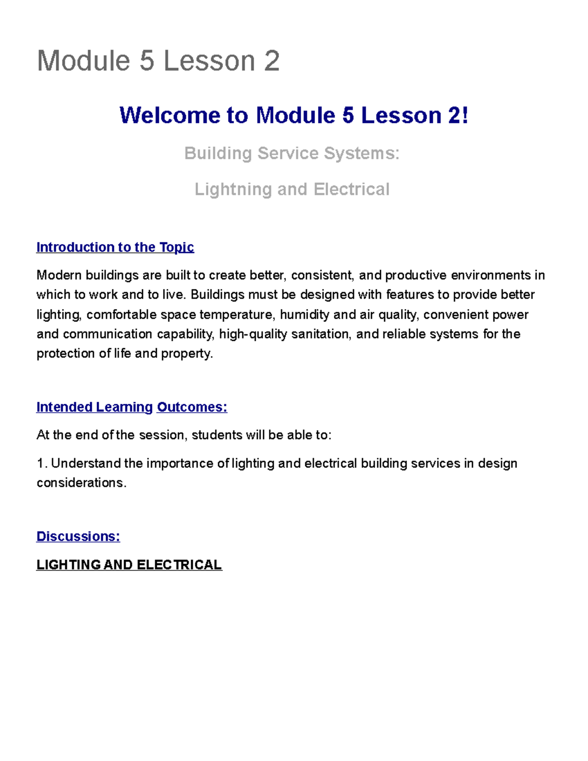 Module 5 Lesson 2 CE 104 - Building Services: Lighting & Electrical ...