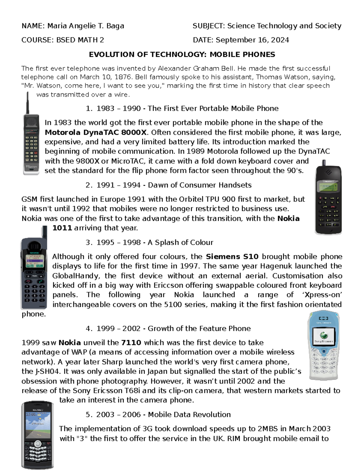 BSED MATH 2 - STS Assignment: Evolution of Mobile Phones - Studocu