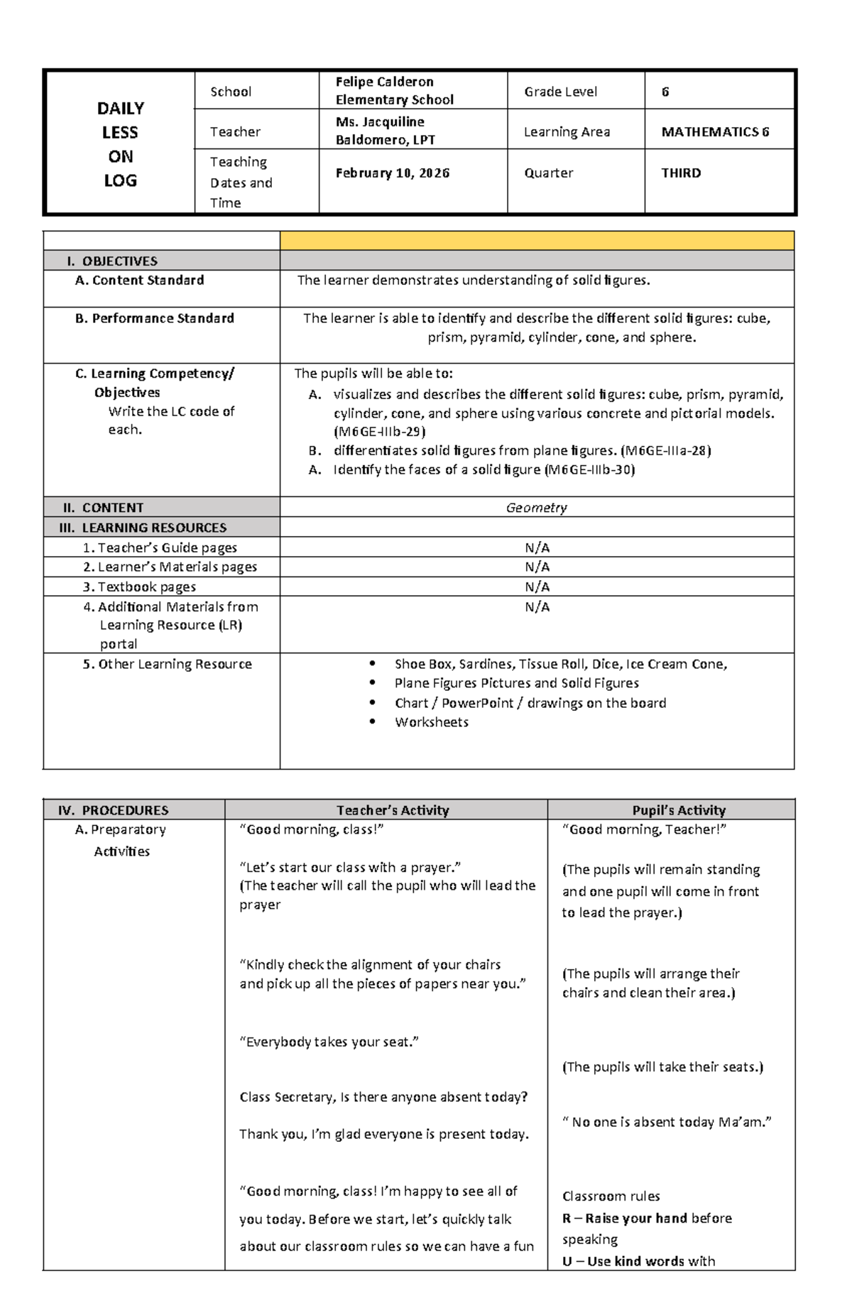 DAILY LESSON PLAN: MATHEMATICS 6 (Grade 6, 3rd Quarter) - Studocu