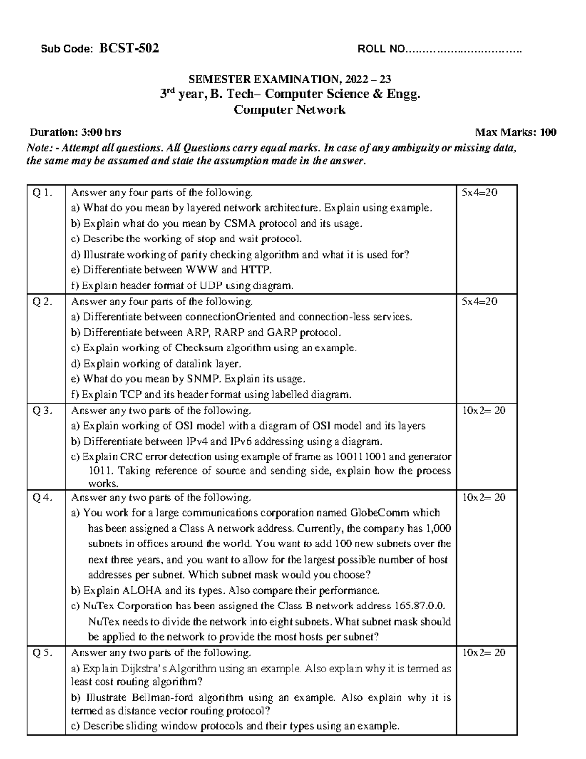Computer Networks SEMESTER EXAM 2022-23 B. CSE - 3rd Year - Studocu
