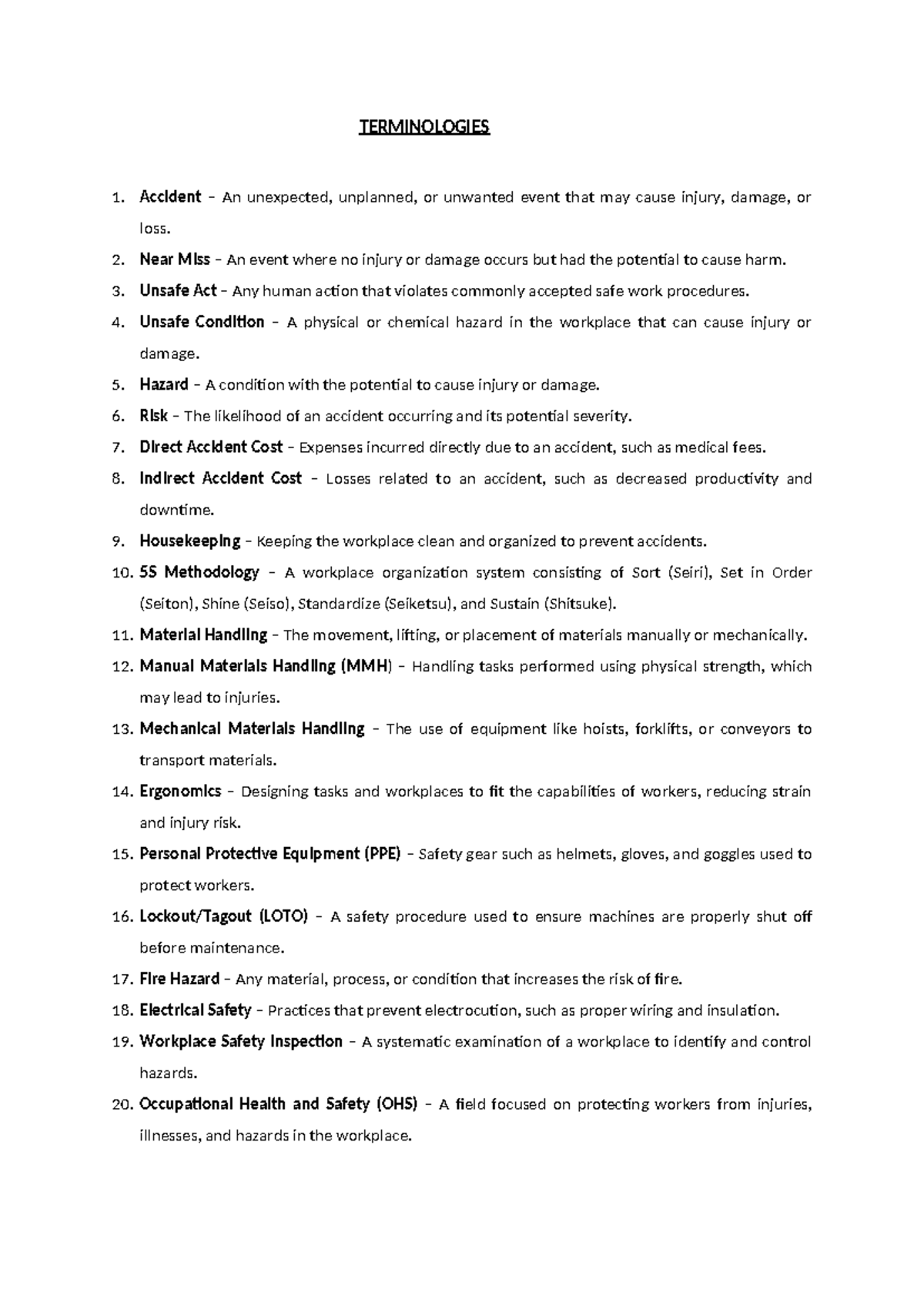Occupational Safety Terminologies Overview for OHS Studies - Studocu
