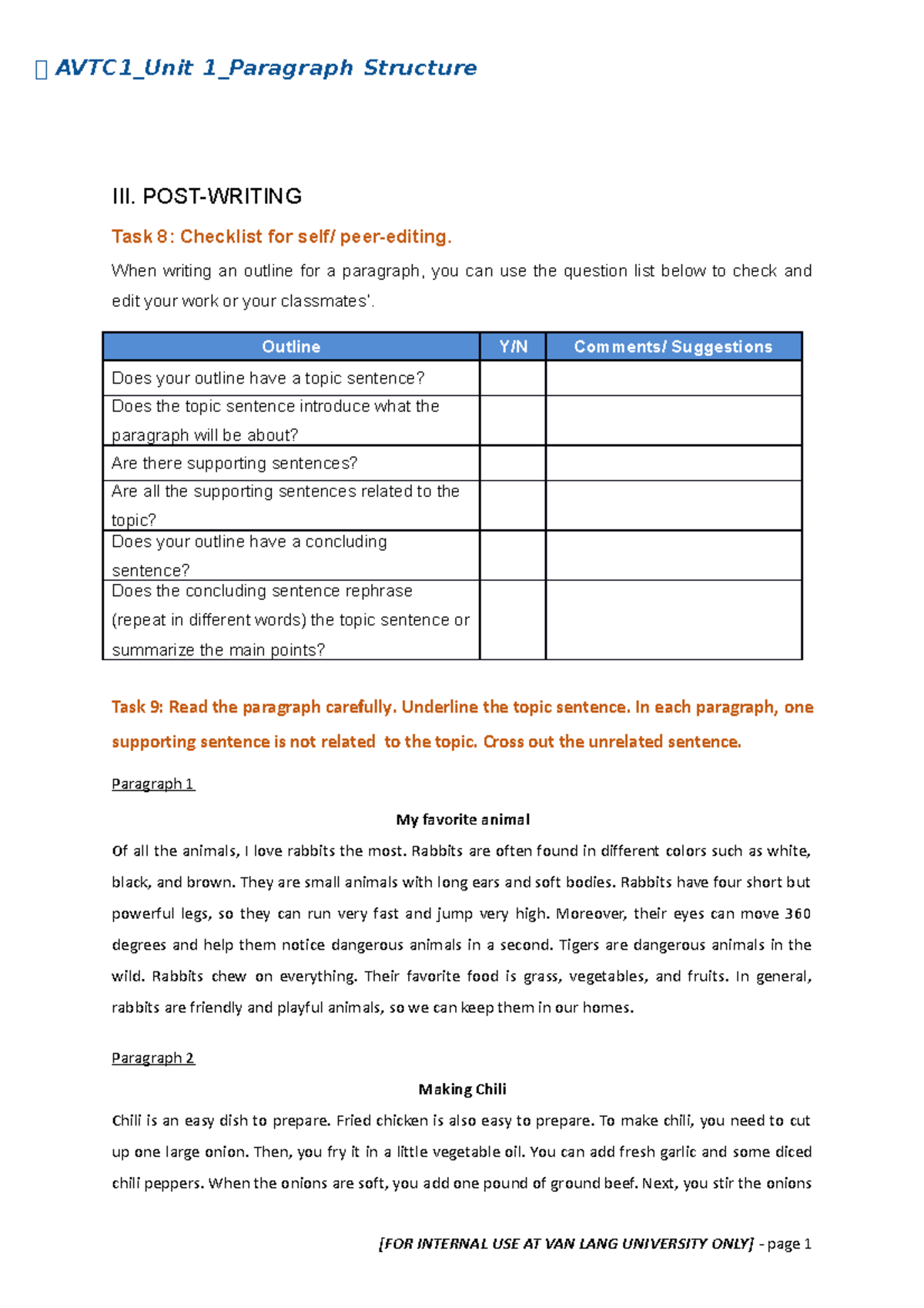 Official AVTC1 Unit 1 Paragraph Structure After class - 🐀 AVTC1_Unit 1 ...