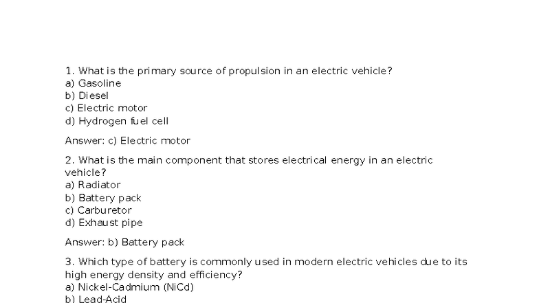 EV Quiz Questions and Answers: Understanding Electric Vehicles - Studocu