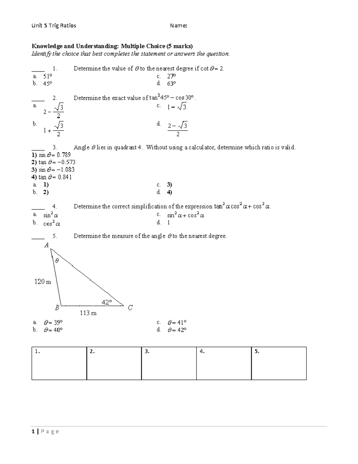 Unit 5 Trig Ratios: Knowledge, Application, and Inquiry Exercises - Studocu