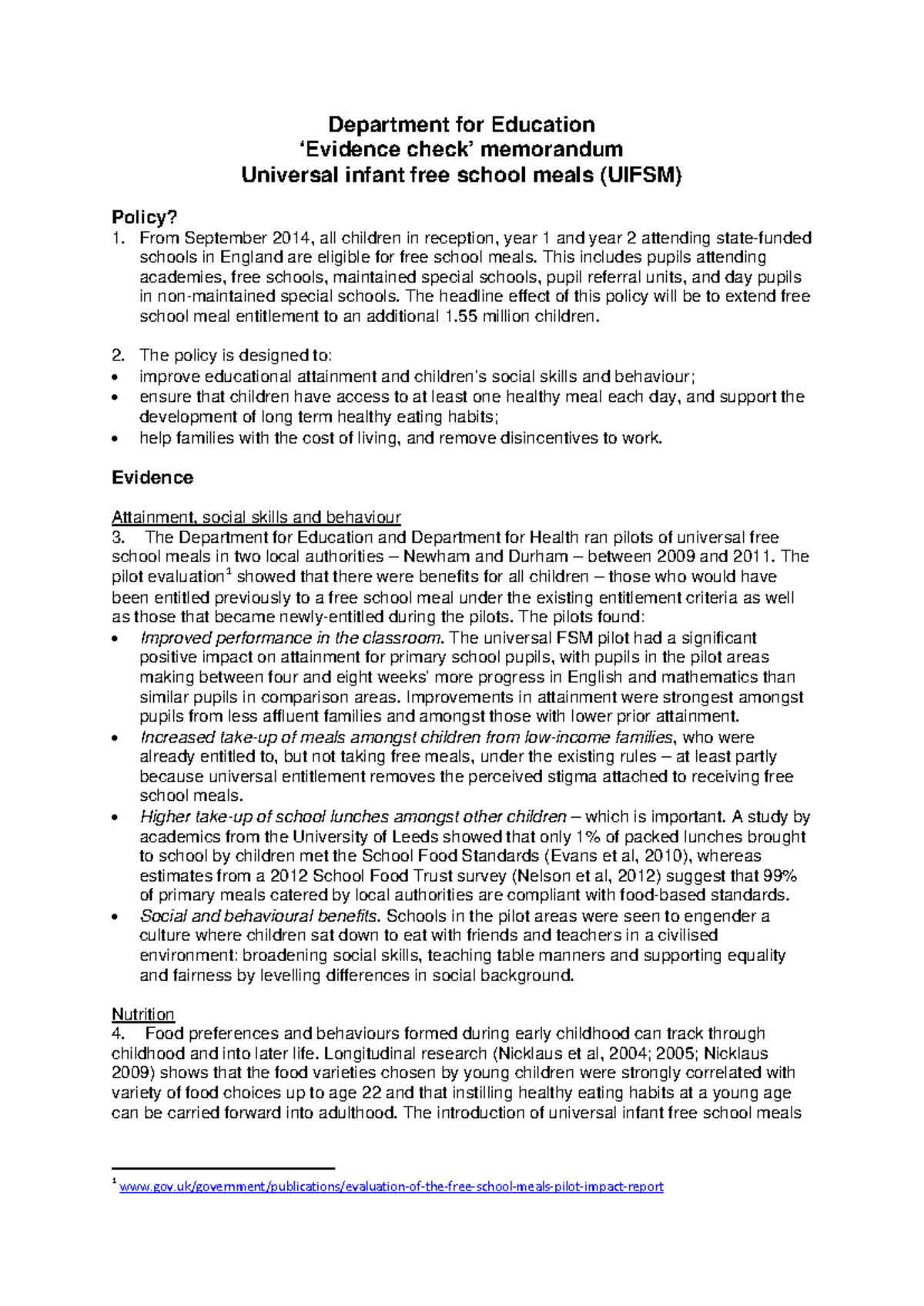Universal Infant Free School Meals (UIFSM) Policy Impact Memo - Studocu