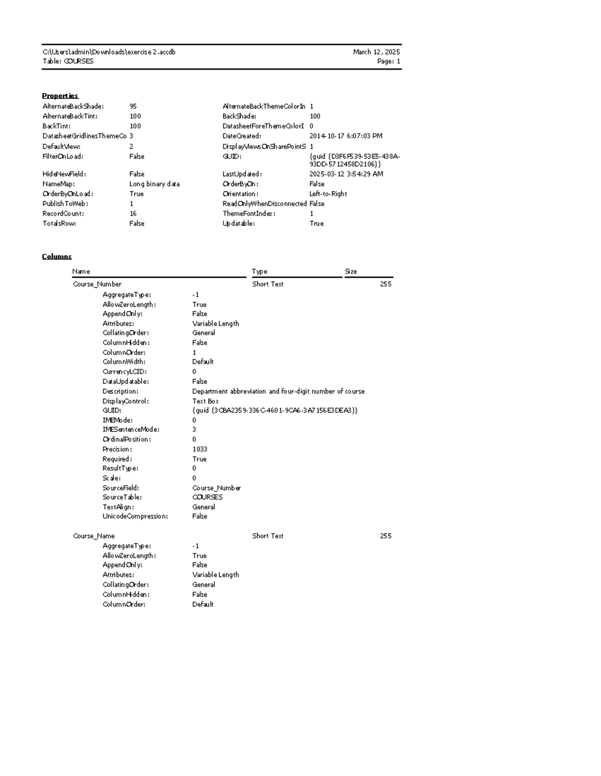 Exercise 2 data dictionary for course database (2.accdb) - Studocu