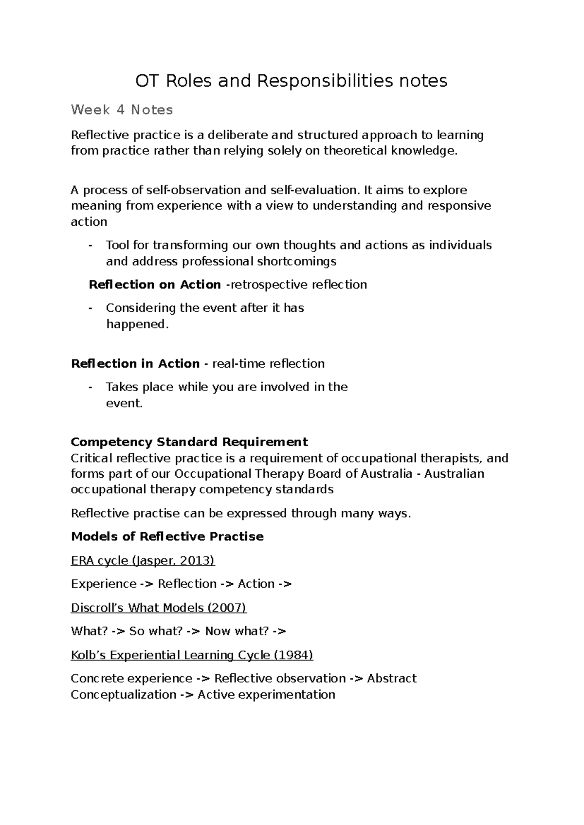 OT Roles and Responsibilities: Week 4 & 5 Reflective Practice Notes ...
