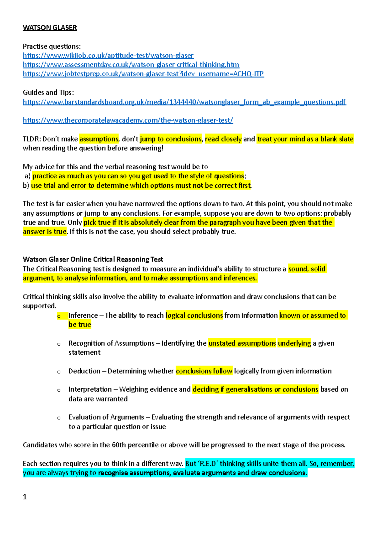 Watson Glaser Test Prep: Critical Thinking Skills Guide - Document Preview