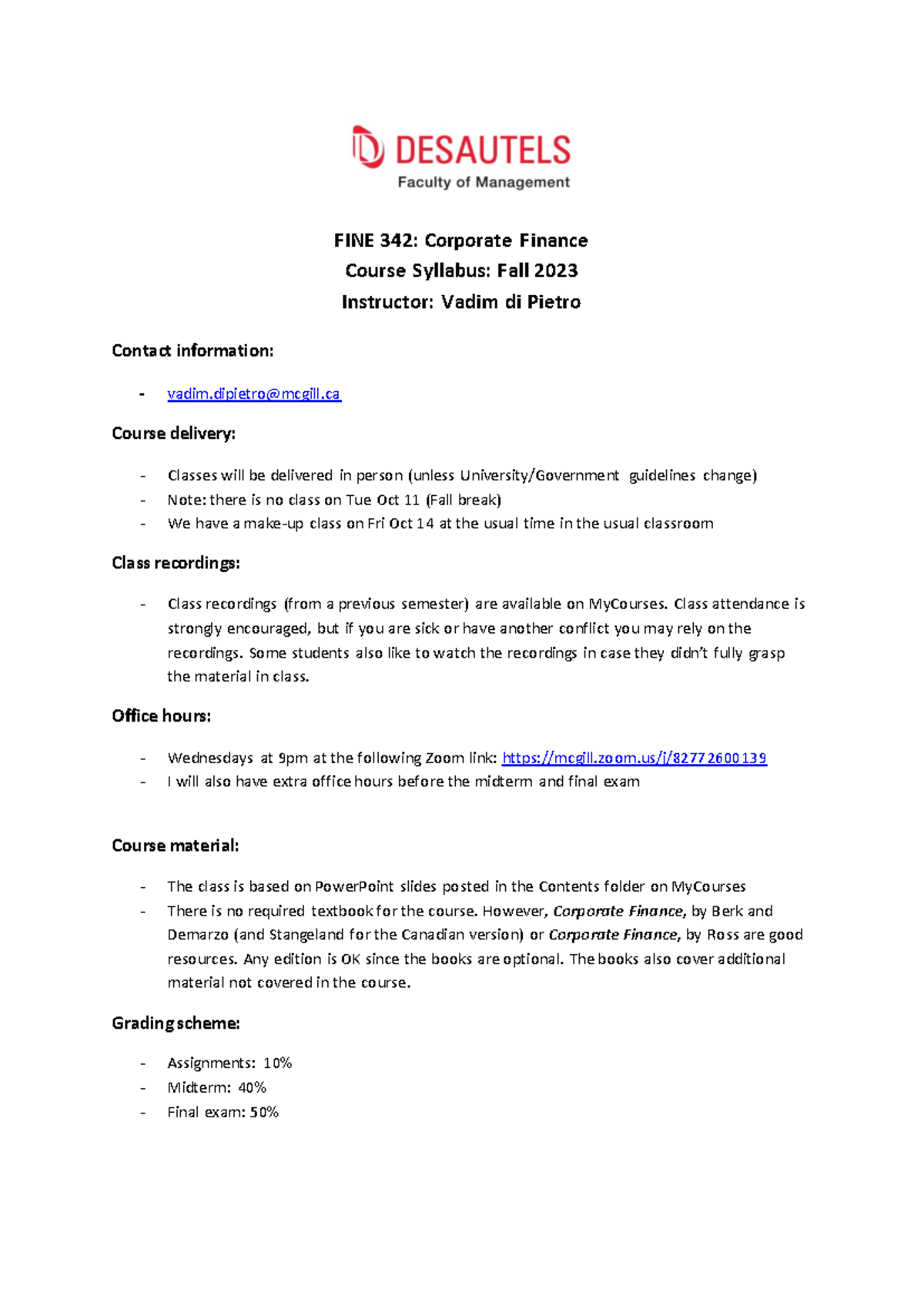 Corporate Finance Course Outline F2023 - FINE 342: Corporate Finance ...