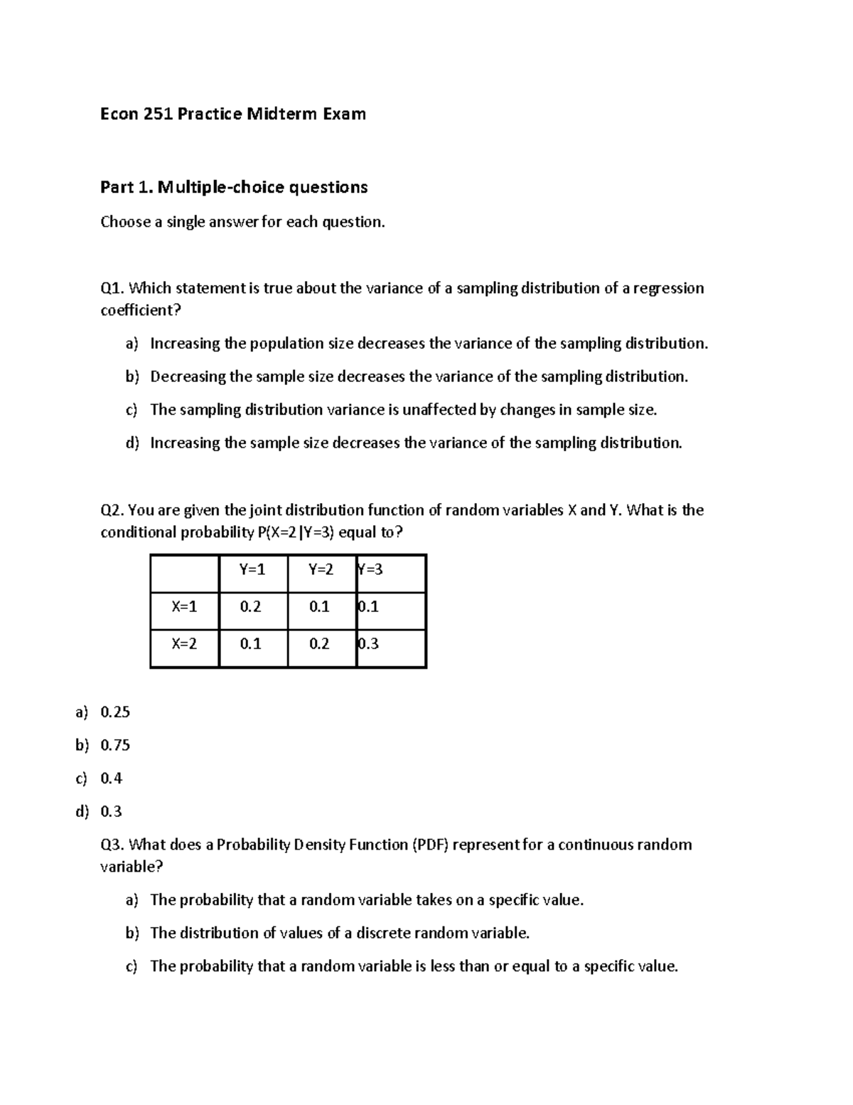 Practice Midterm Exam for ECON 251 - Fall 2025 - Studocu