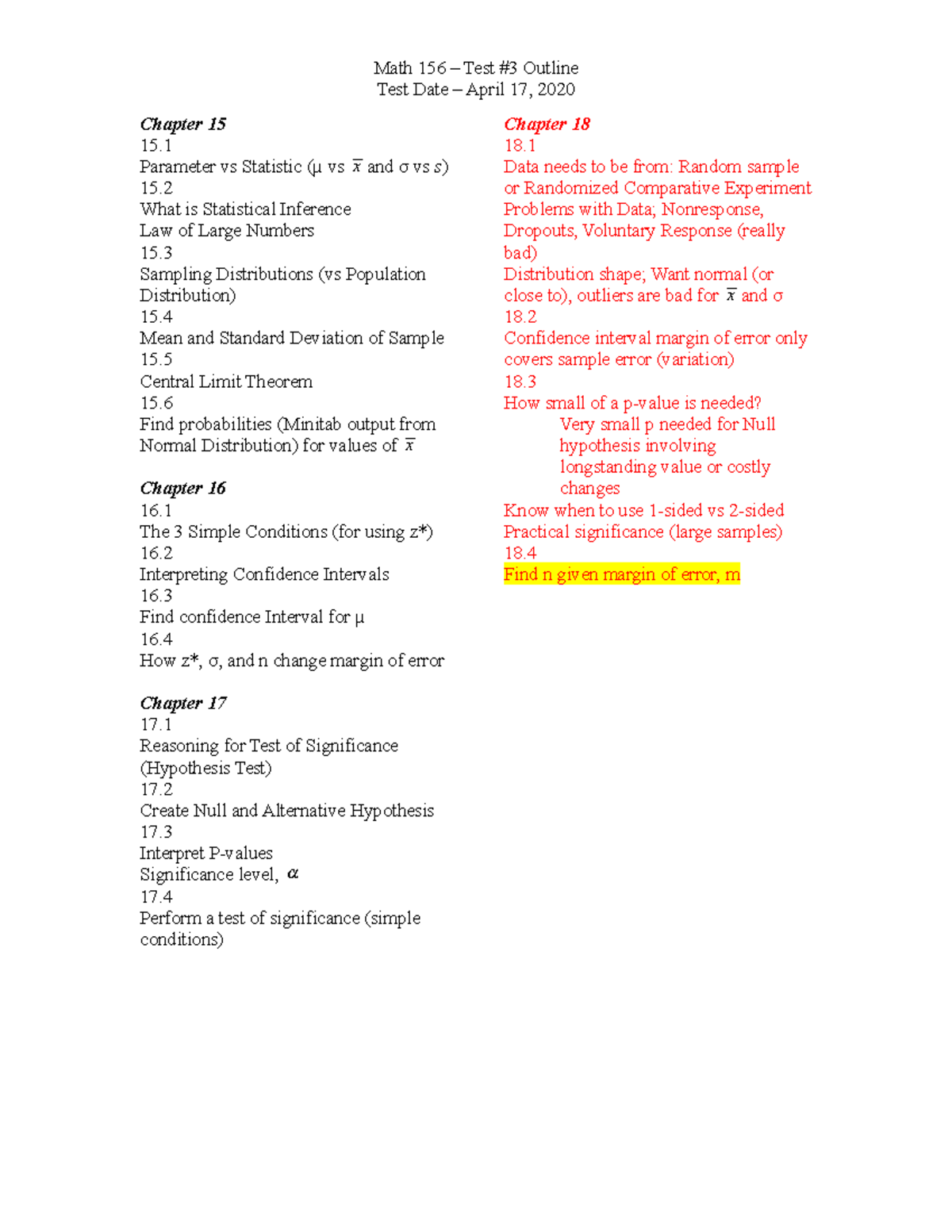 Math 156 - Test #3 Study Outline and Key Concepts - Studocu