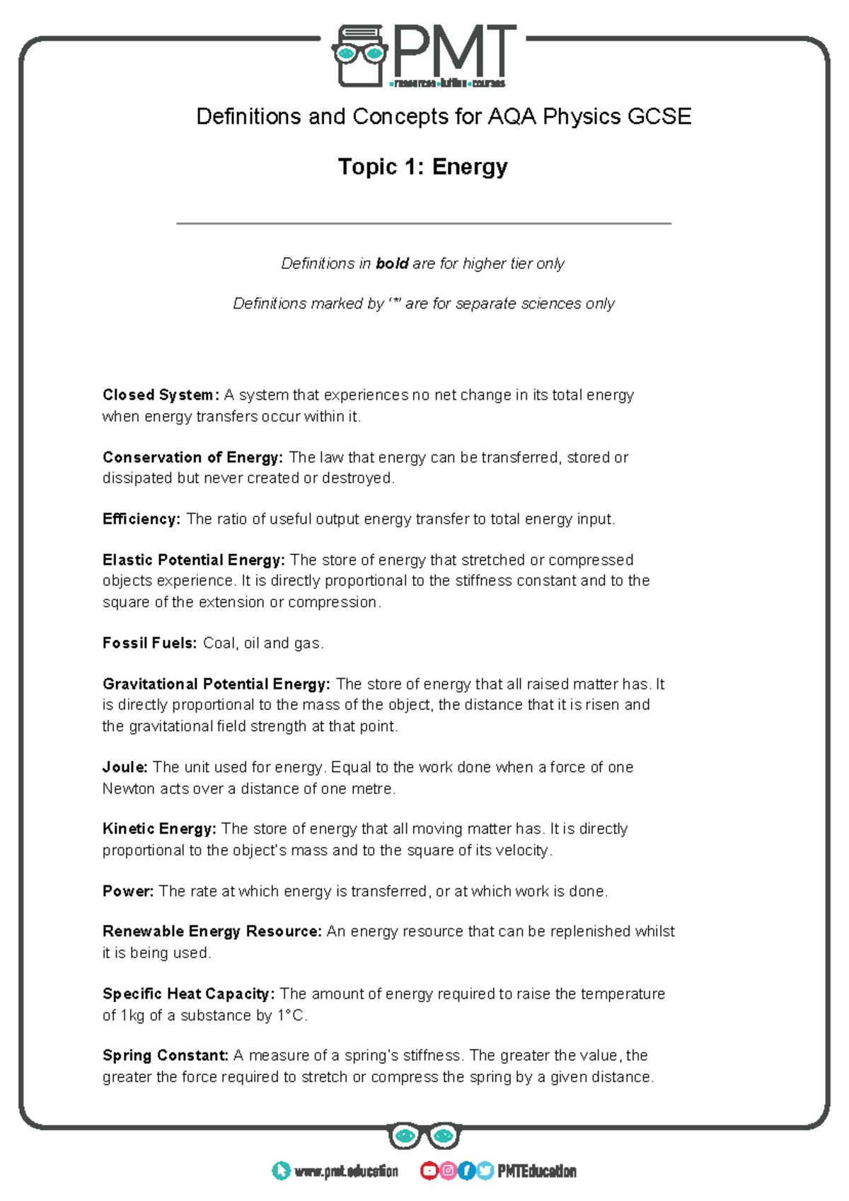 AQA Physics GCSE Definitions: Key Concepts in Energy - Studocu
