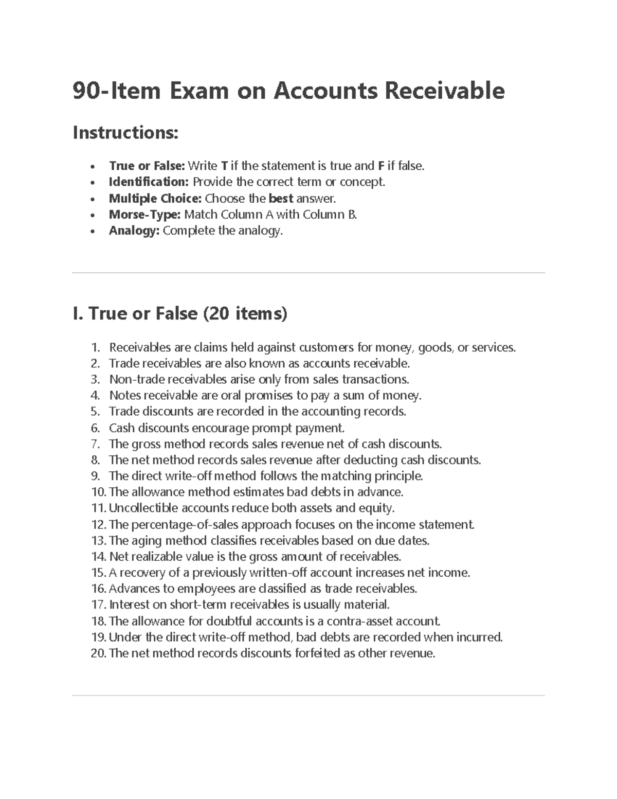 ACCT 101: Accounts Receivable Practice Test Instructions - Studocu