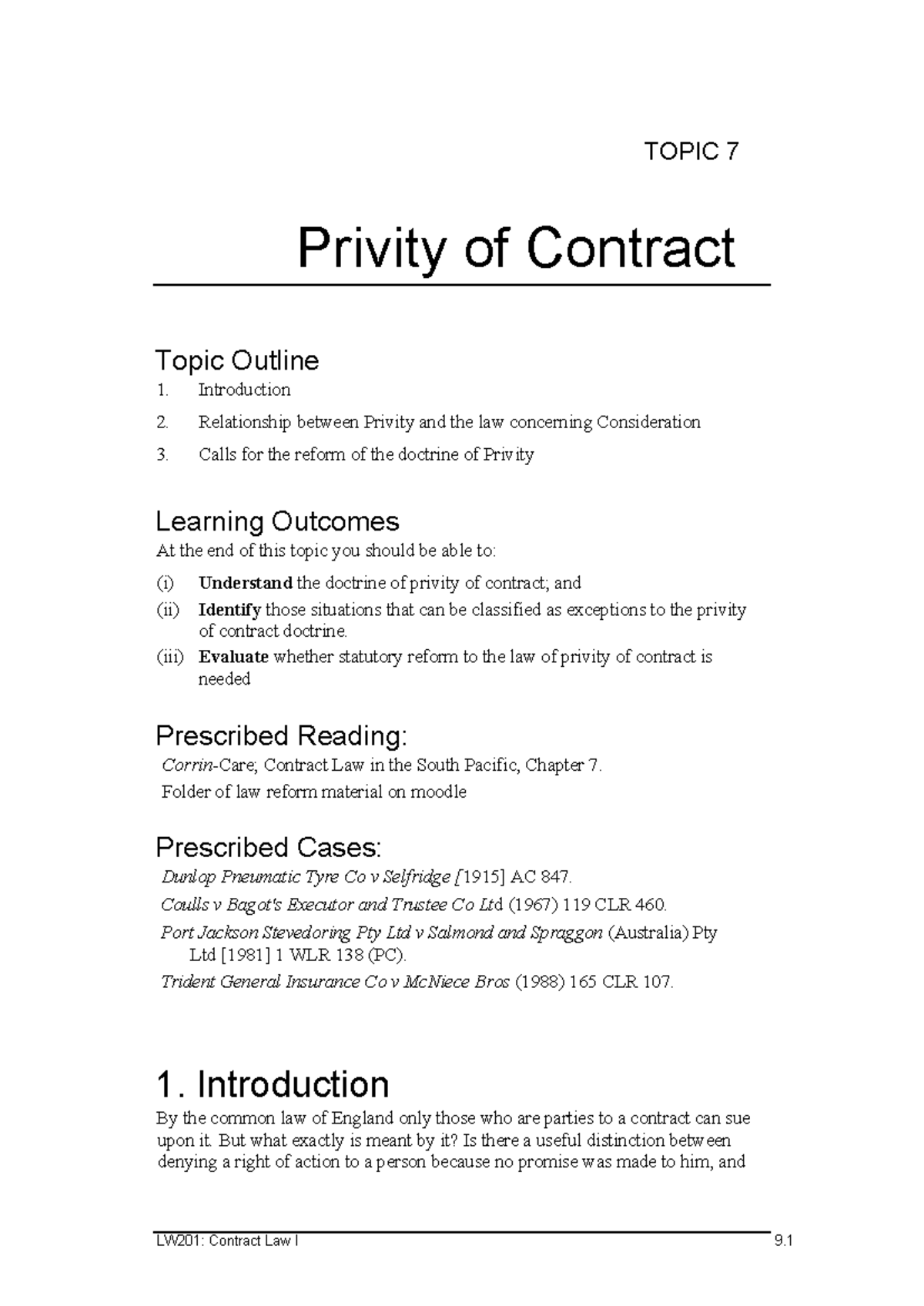 LW201: Contract Law I - Topic 7: Privity of Contract Overview - Studocu