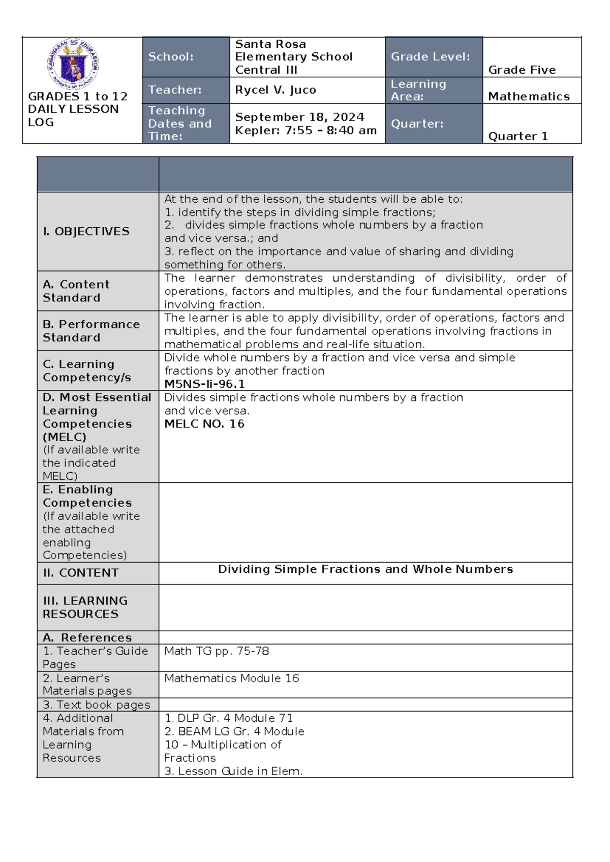 CO1 MATH5 Q1 - Daily Lesson Log for Dividing Fractions - Studocu