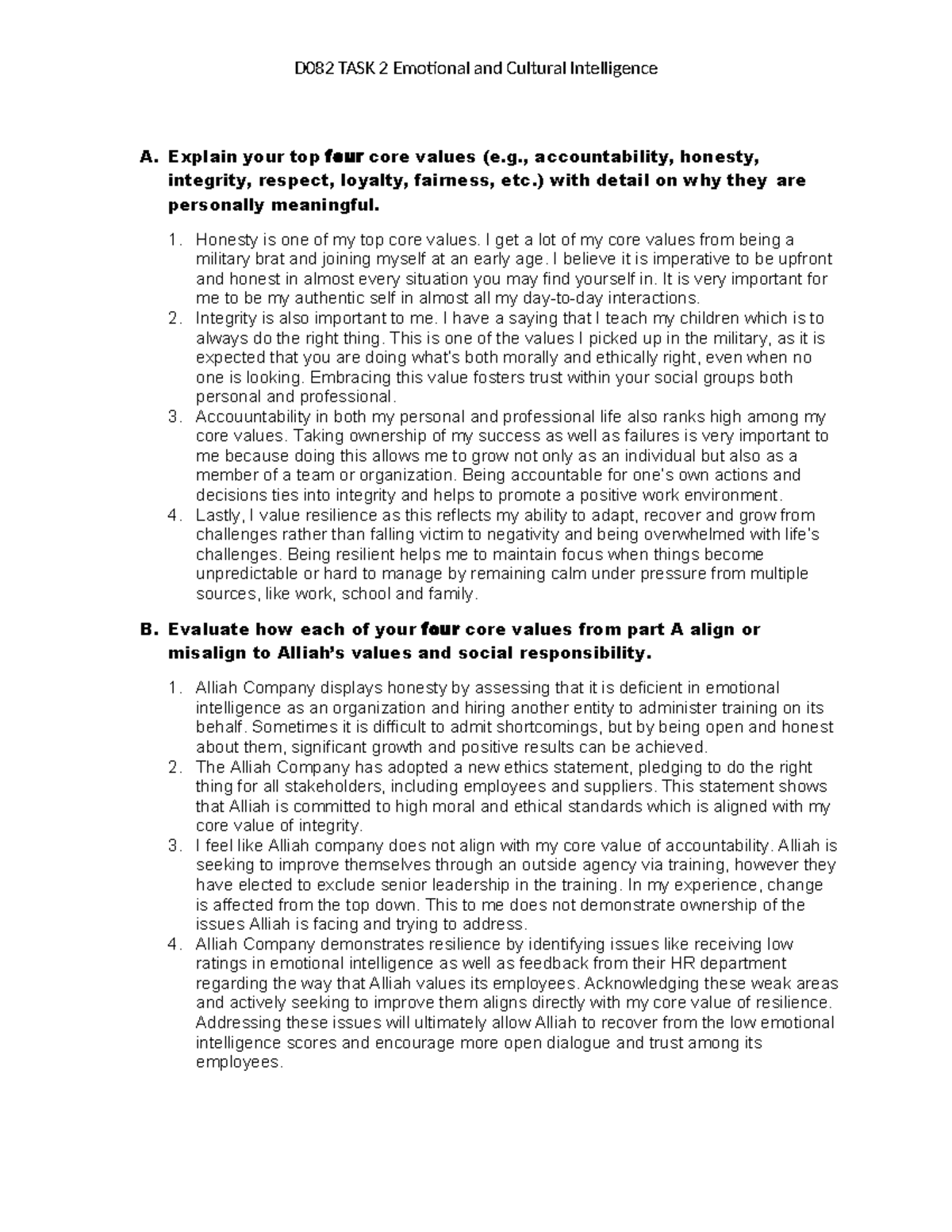 D082 Task 2: Core Values in Emotional & Cultural Intelligence - Studocu